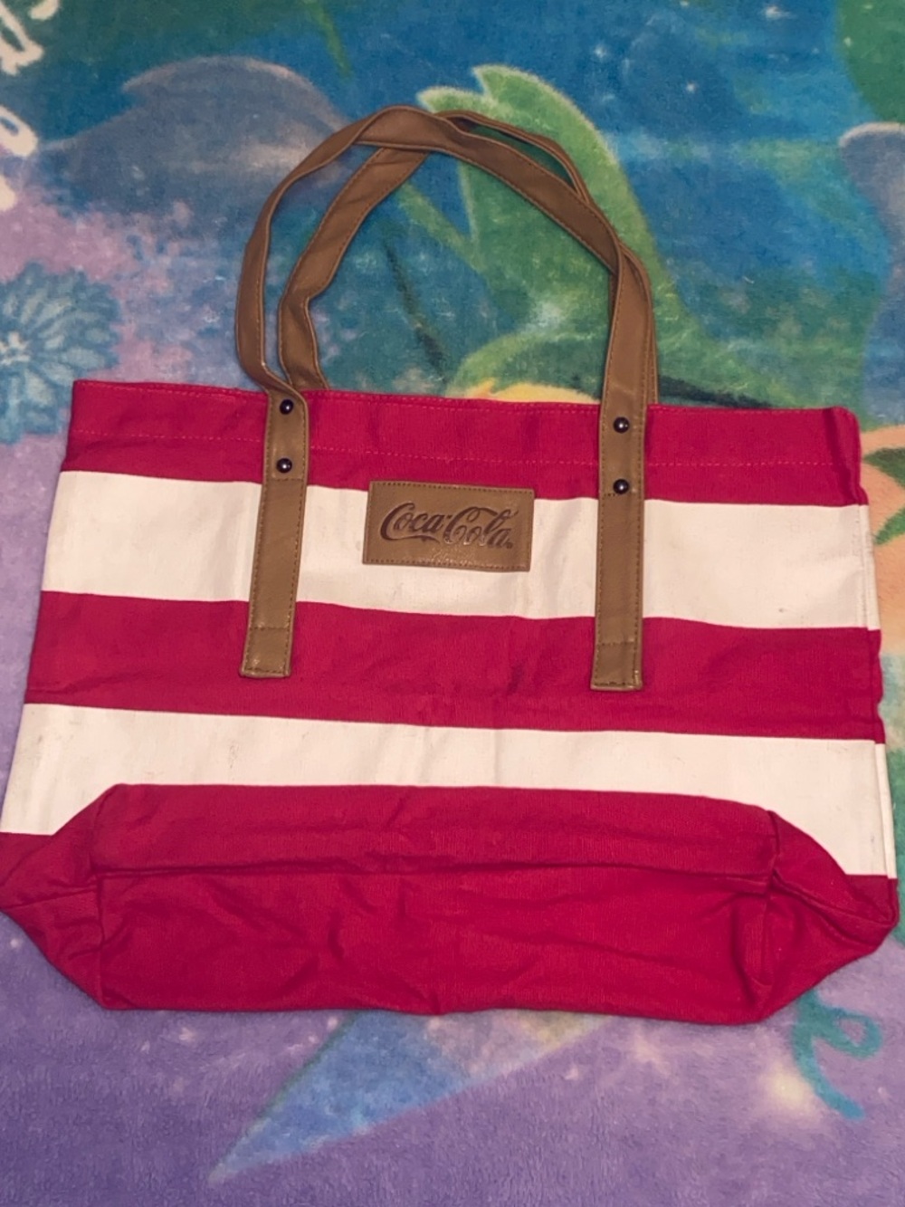Coca Cola Red and White Striped Tote with Brown Handles